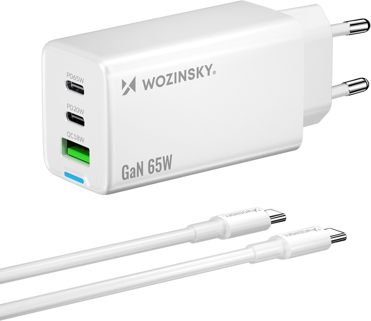 Wozinsky GaN 65W Charger with USB-A 2xUSB-C Ports with 65W USB-C Cable - White