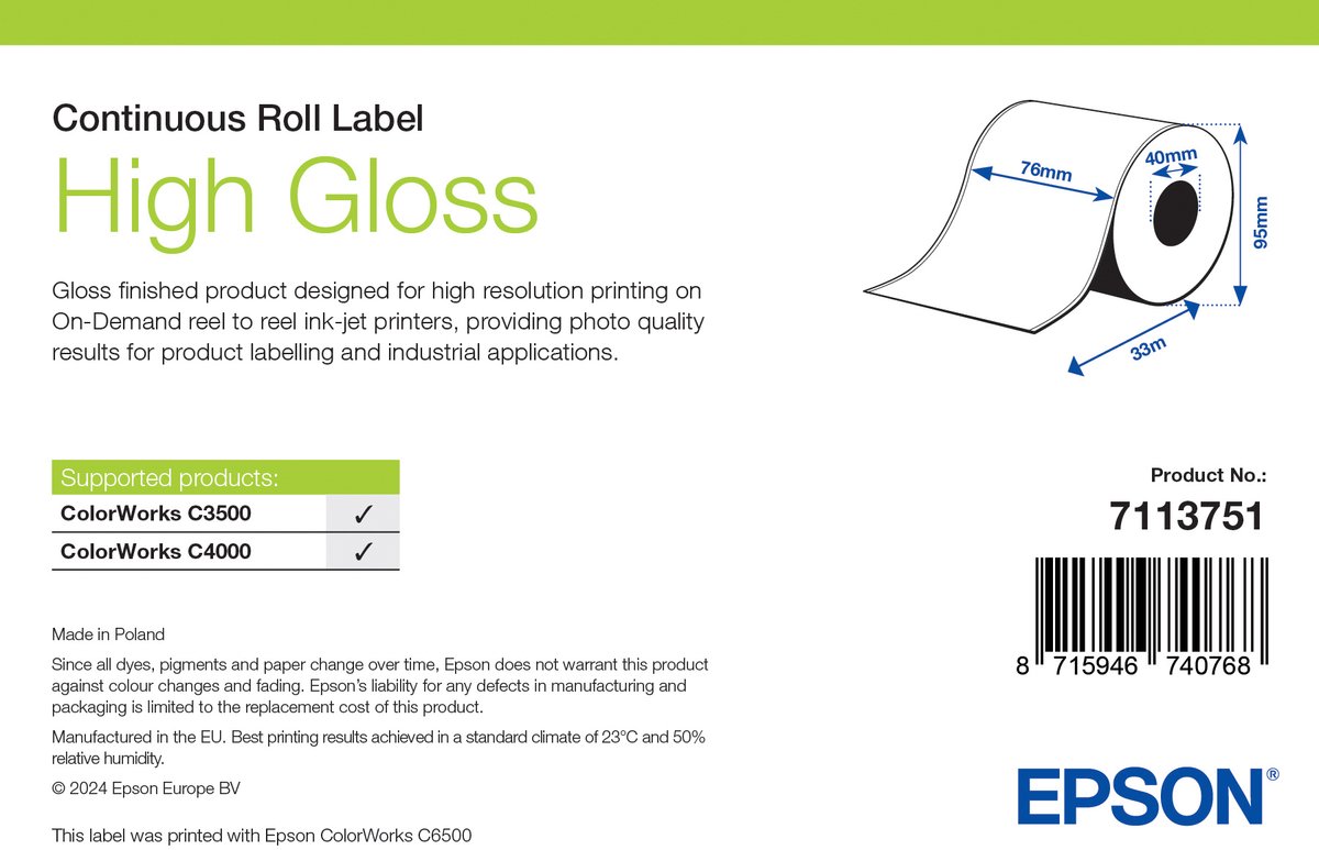 Epson - continuous labels - high-glossy - 1 roll(s) - Roll (7.6 cm x 33 m)