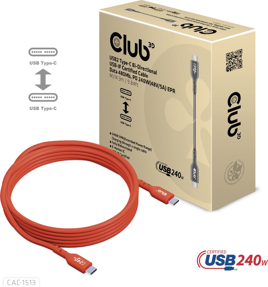 Club 3D - USB-C cable - 24 pin USB-C to 24 pin USB-C - 3 m
