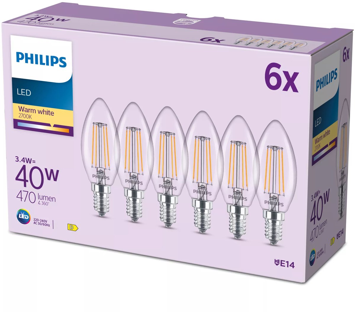 Philips LED pære B35 3,4W/827 (40W) Klar 6-pak E14