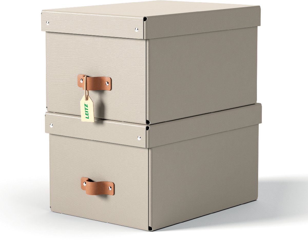Leitz Puro opbevaringsboks med låg, medium, 17 L, 100% recirkuleret karton, pakke a 2 stk, beige