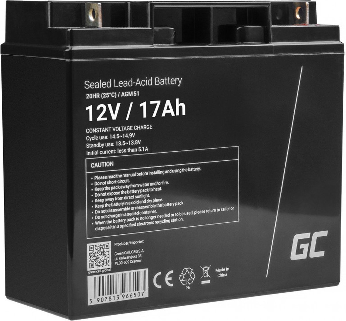 Green Cell AGM51 - 12V 17Ah VRLA Battery | AGM | Maintenance-Free