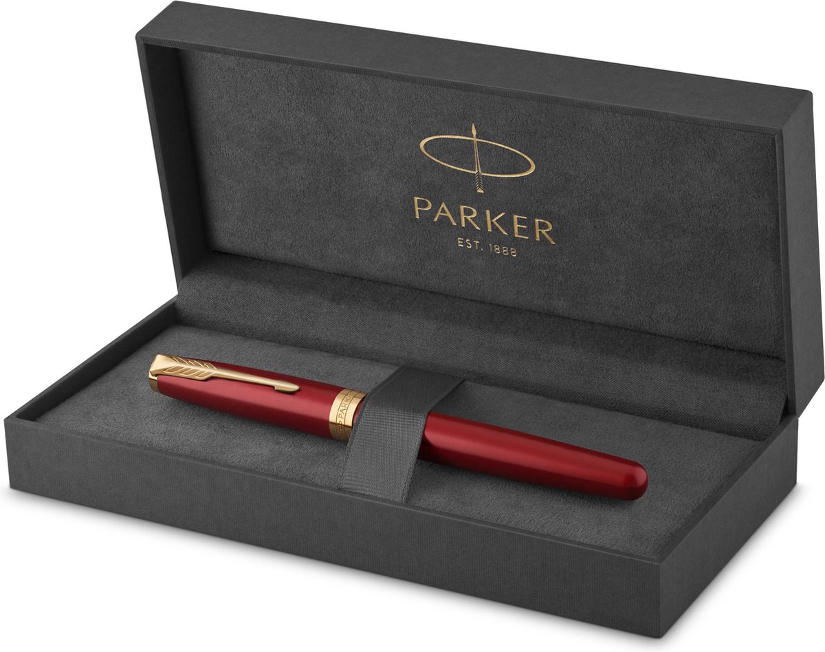 Parker Sonnet-fyldepen | rød lak med detaljer i guld | medium spids | gaveæske