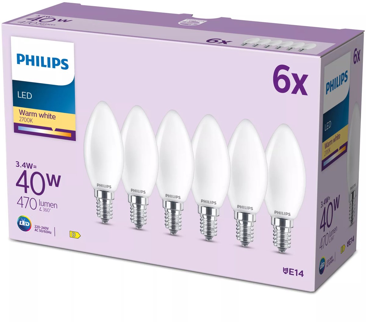 Philips LED pære B35 3,4W/827 (40W) Mat 6-pak E14