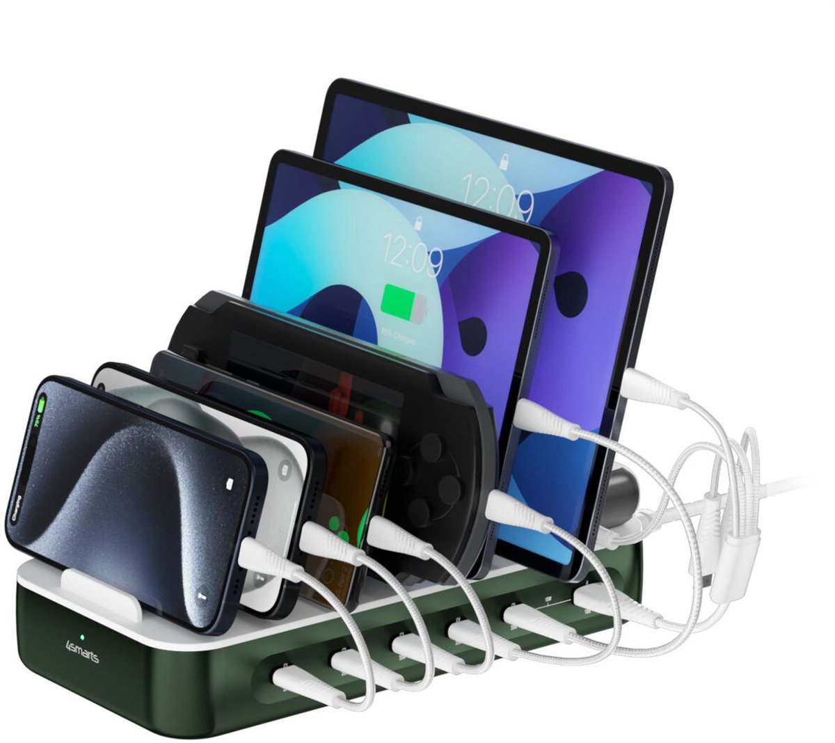 4smarts Charging station Team 100W 1x USB-A port 5x USB-C ports includes 6 cables green