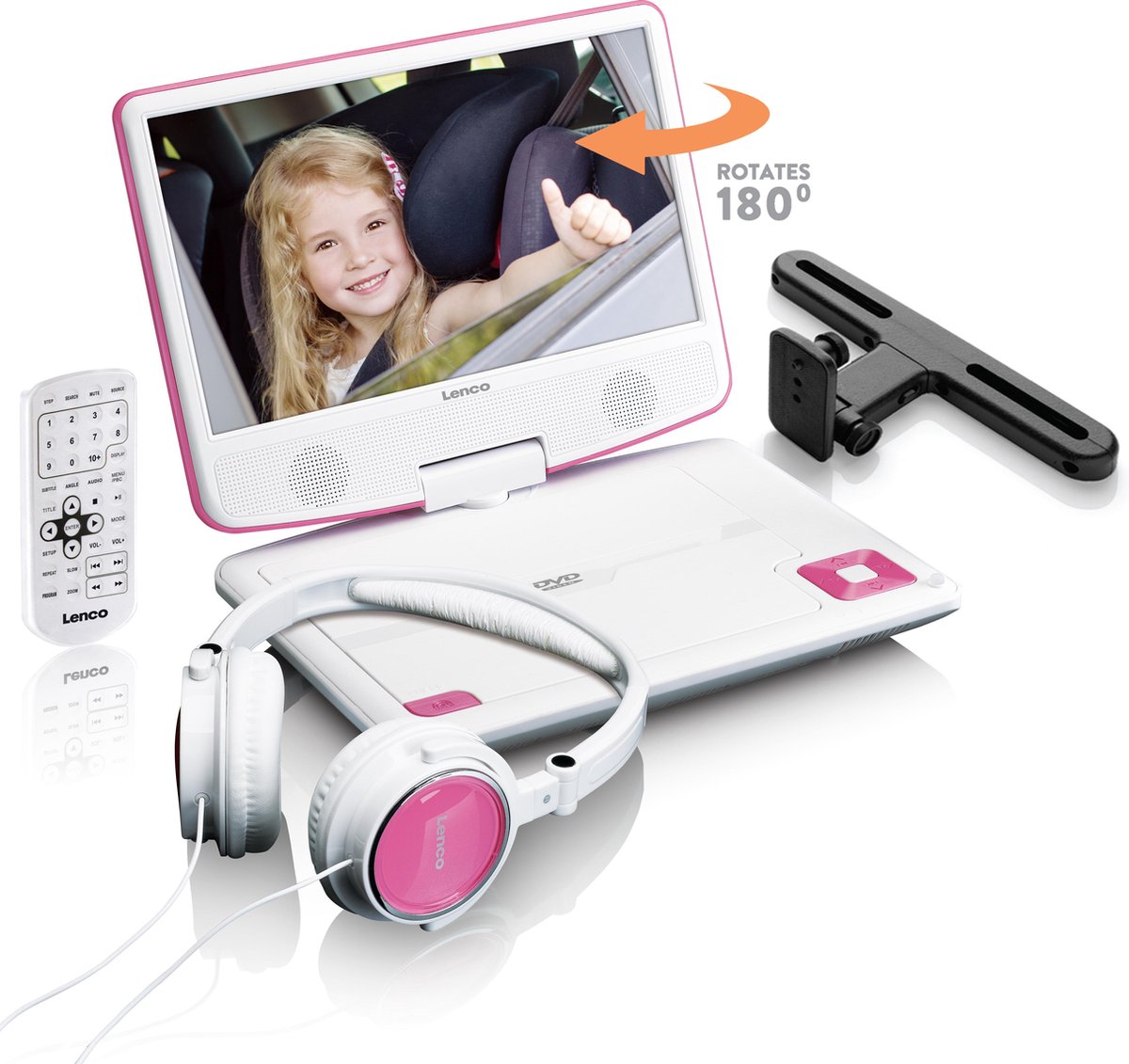 Lenco DVP-910PK - Portable 9" DVD player with USB headphones and mounting bracket - Pink/White