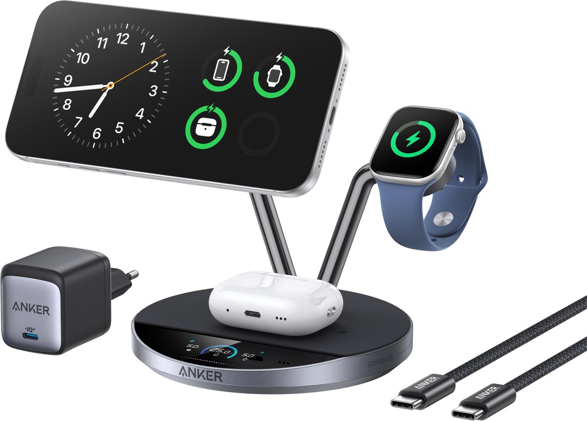 Anker Prime trådløs opladningsstation (3-i-1 MagGo AirCool dock-stativ) - sort