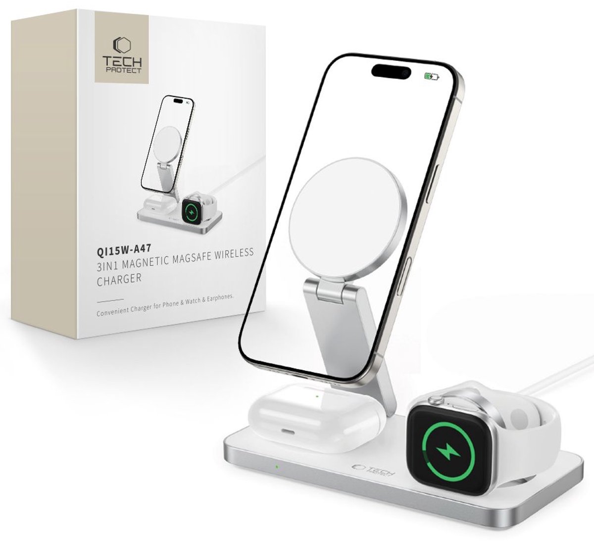 Tech-Protect QI15W-A47 MagSafe 3in1 Inductive Charger + USB-C Cable - White
