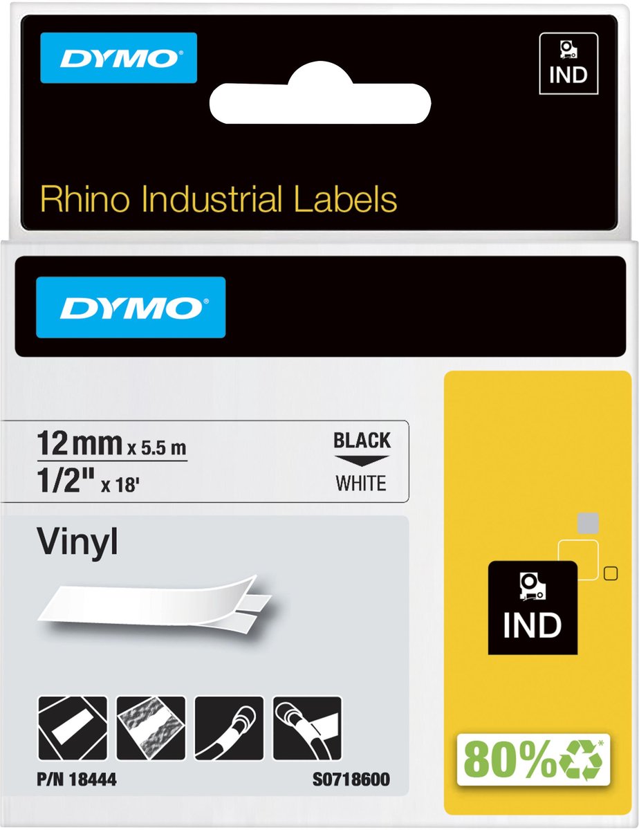 DYMO Rhino industri vinyl tape |12 mm x 5.5 m rulle | sort på hvid