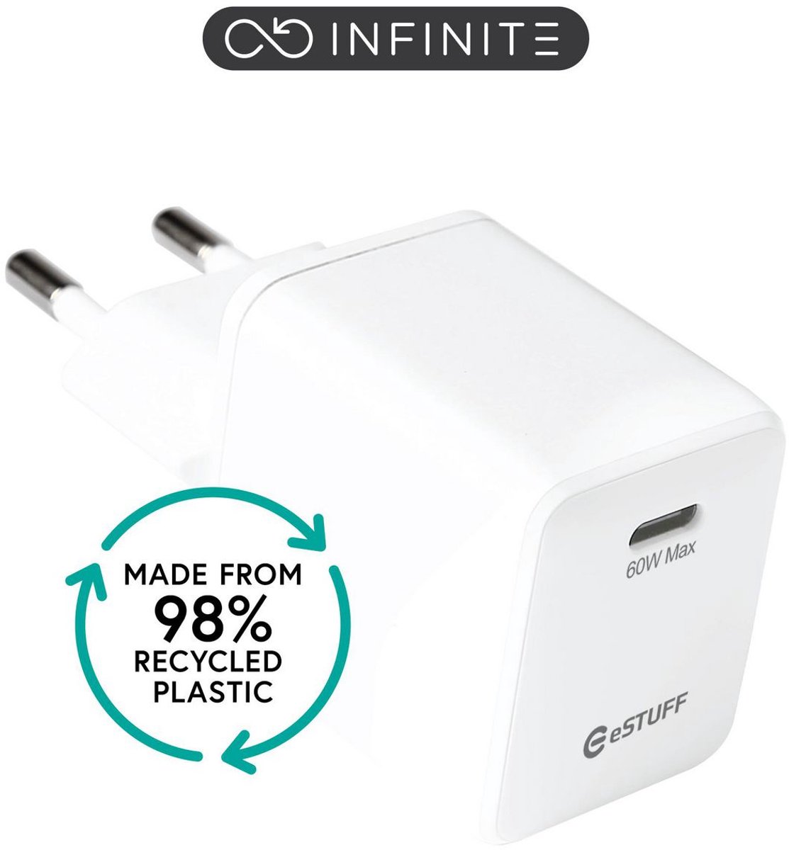 eSTUFF INFINITE power adapter - EU AVS GaN 98% recycled plastic - USB-C 3.1 - 60 watt
