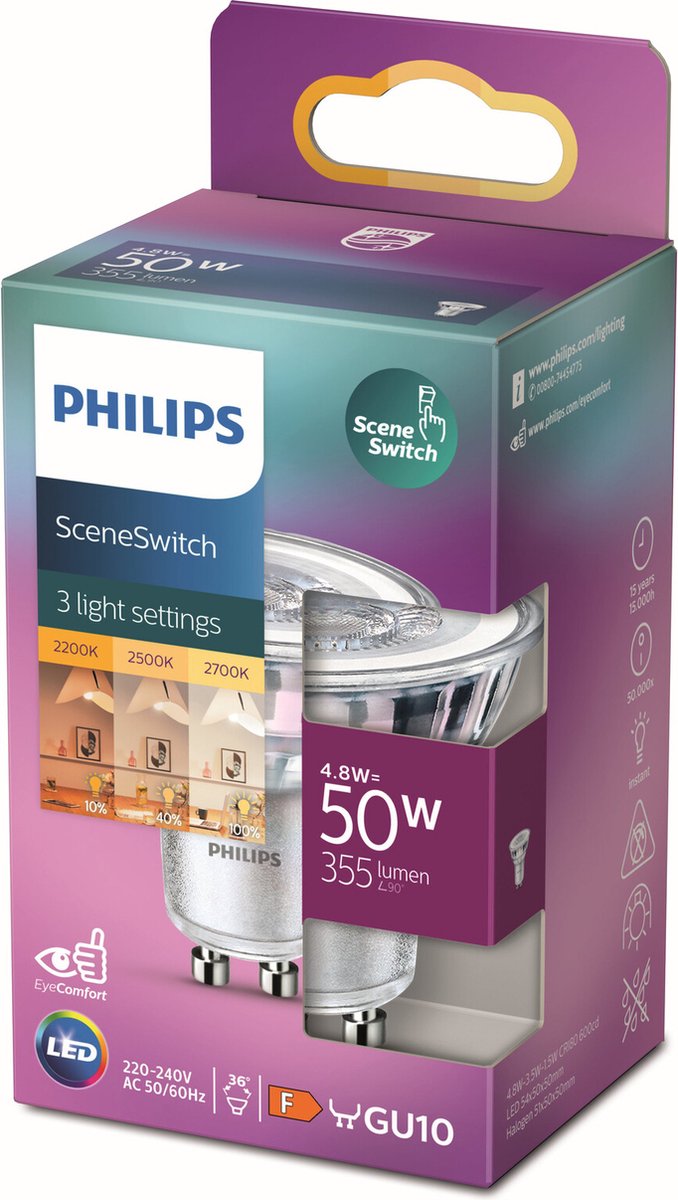 Philips LED pære SceneSwitch 4.8W (50W) 822-827 36° GU10