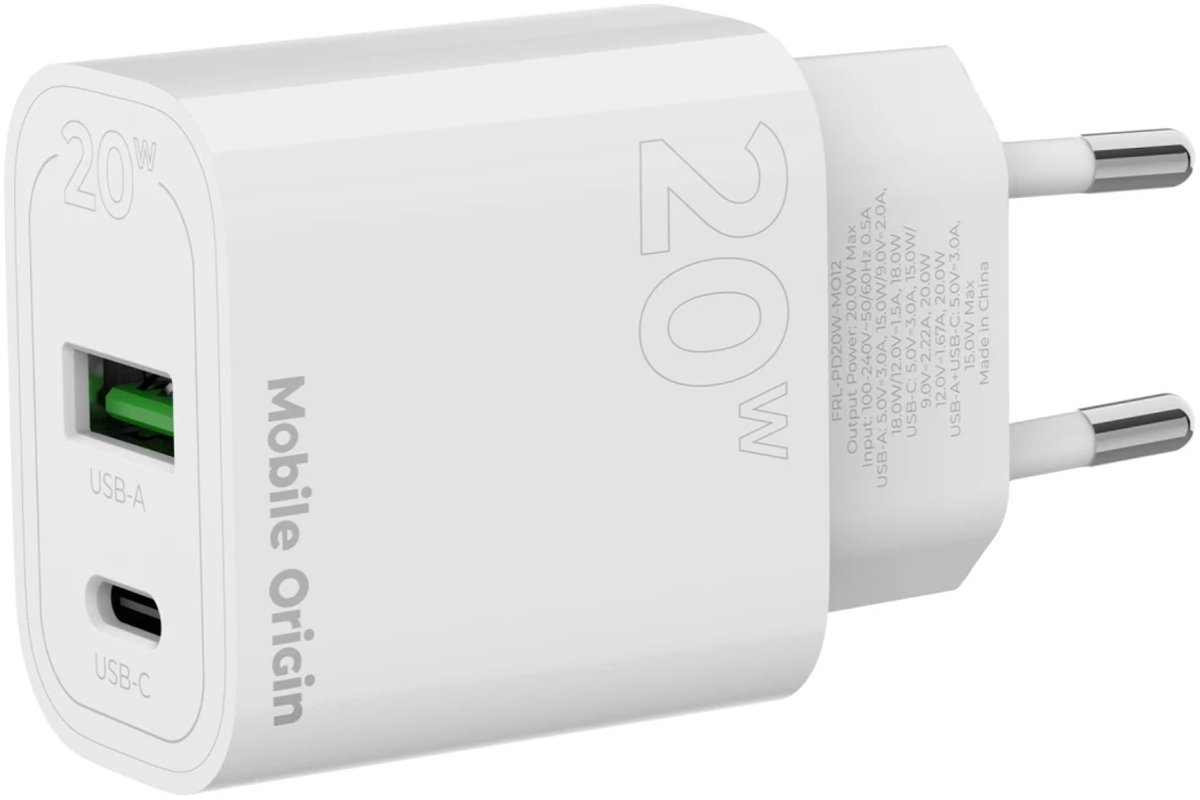 Mobile Origin PD20W Wall Charger MO12 - white 1 USB-A + 1 USB-C