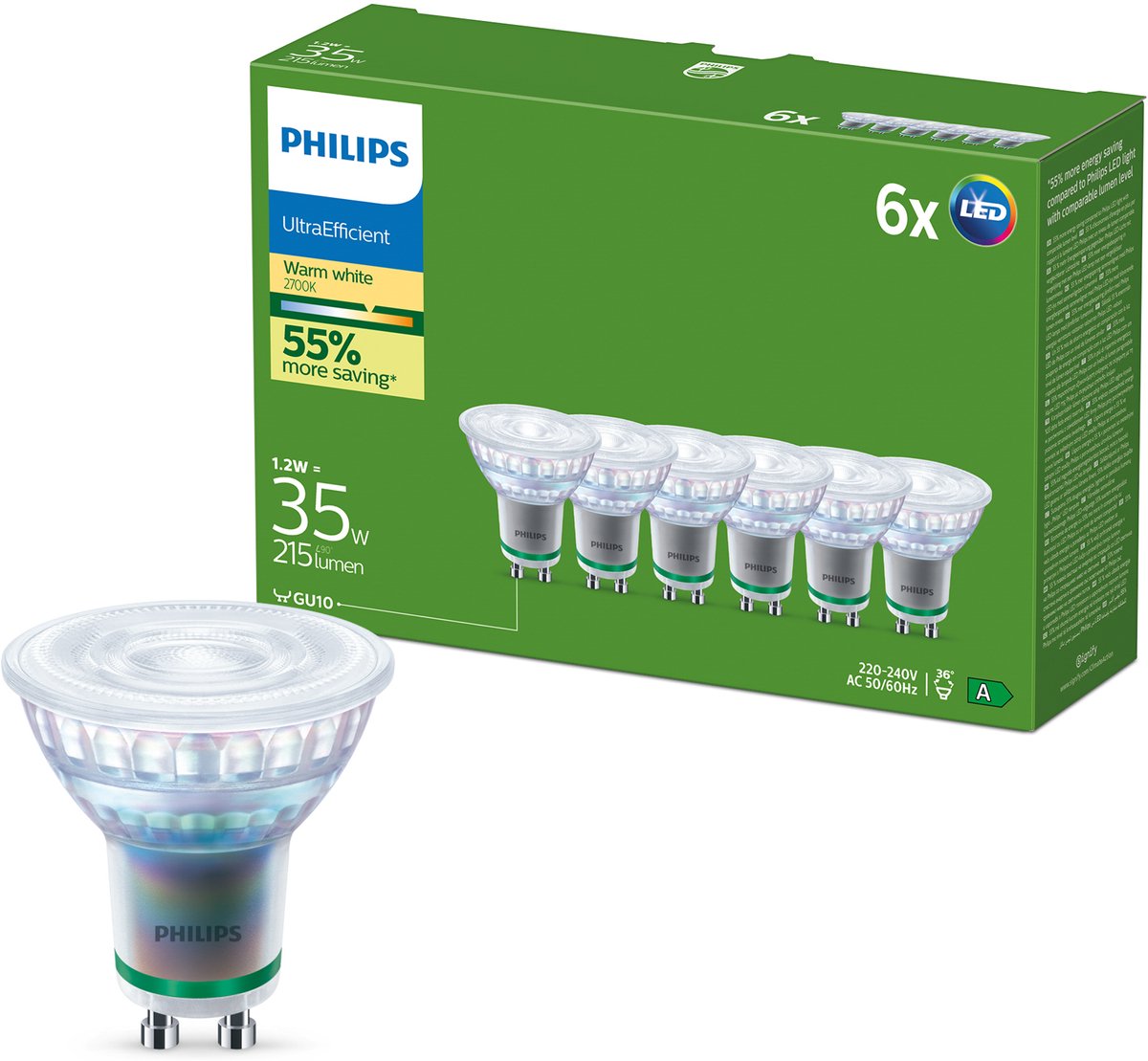 Philips LED pære Ultra Efficient 1,2W/827 (35W) 36° 6-pak GU10
