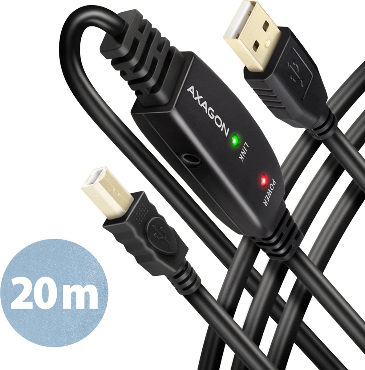 AXAGON ADR-220B USB 2.0 A-M -> B-M aktivt forbindelses-/repeaterkabel 20m - Kabel - Digital/Daten USB-kabel