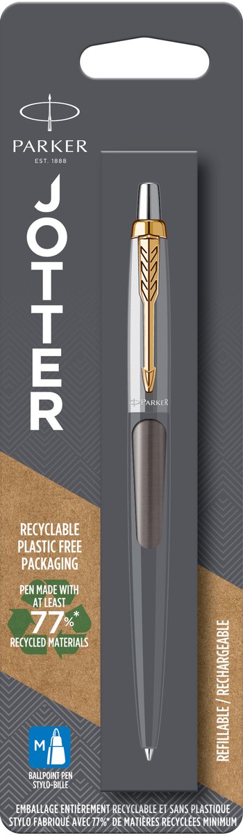 Parker Jotter Kuglepen | Grålakeret med guldbeklædning | Medium spids | Blå blækpatron