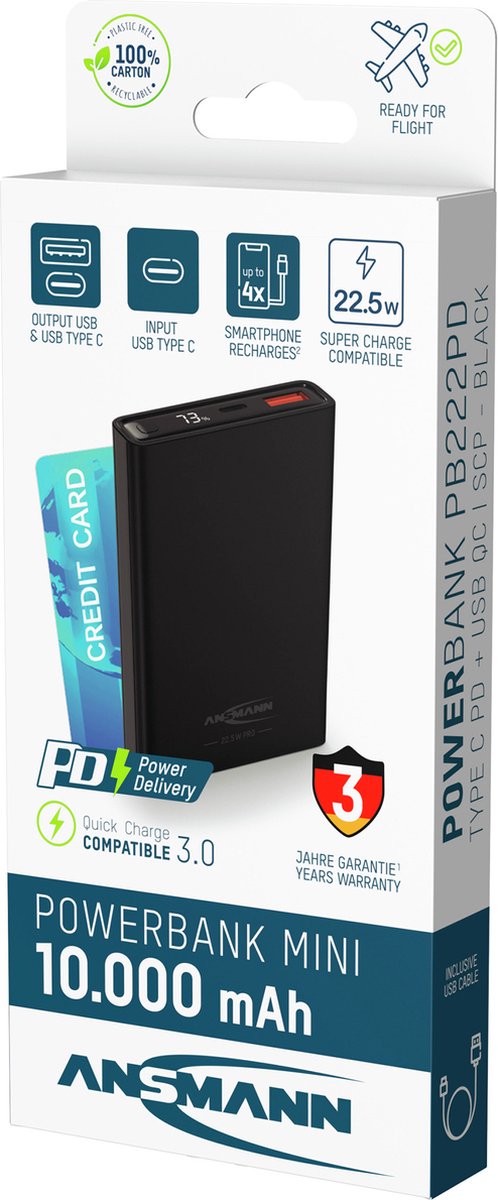 Ansmann PB222PD Power bank 10000 mAh LiPo USB-A, USB-C® Nero Indicazione di stato