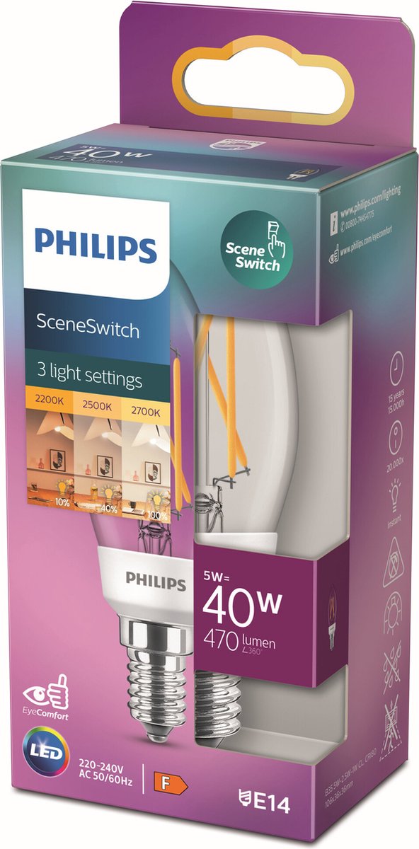 Philips LED pære Classic Kerte SceneSwitch 5W/822-827 (40W) klar E14