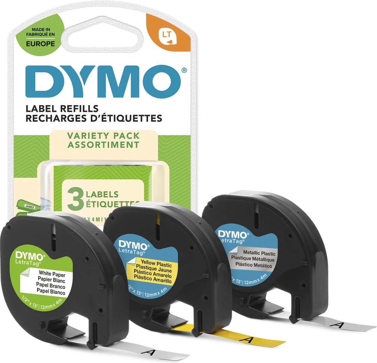 DYMO Letratag tape | 12mm x 4m (3 ruller papir/metallic/plastik)