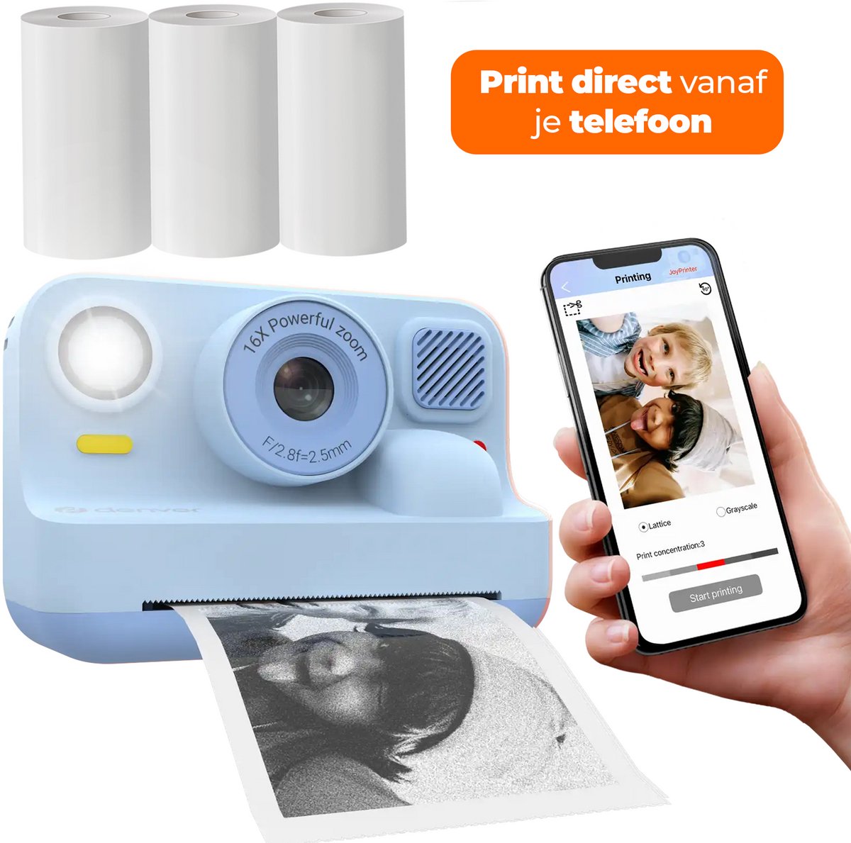 DENVER KPC-1374BTBU Kids print camera with thermal print function Bluetooth connection for print from smartphone
