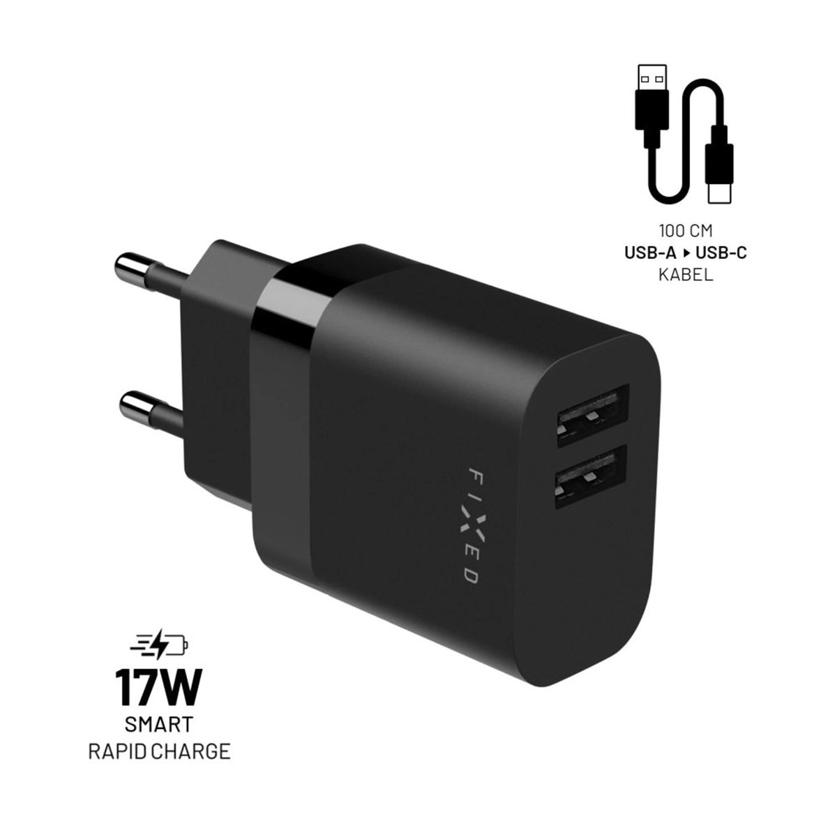 FIXED Hjemmeoplader 2x USB-A 17W/Lightning kabel 1m Sort