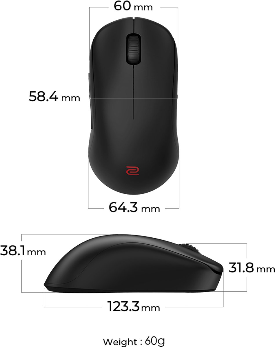 BenQ Zowie U2-DW (Medium) Wireless Mouse for Esports - Gaming Mus - Optisk - 7 knapper - Sort