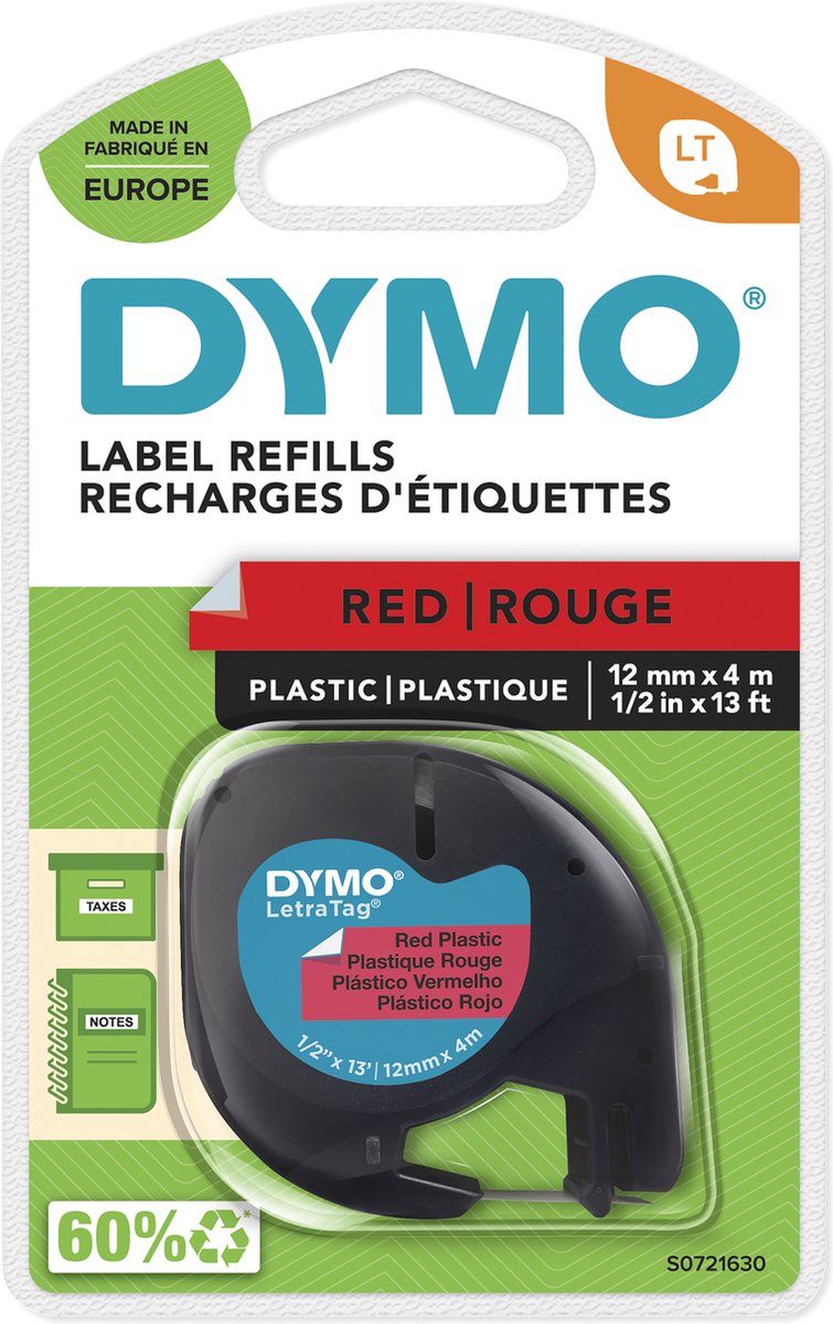 DYMO Letratag plastiktape | sort på rød | 12mm x 4m rulle