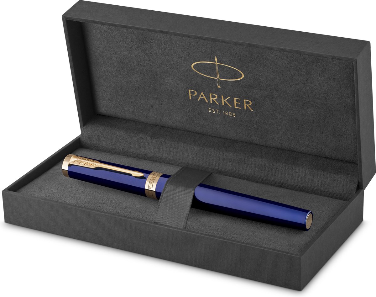 Parker Ingenuity fyldepen | Core Collection | Blå med guldkant | Fin Nib | Sort blæk | Gaveæske
