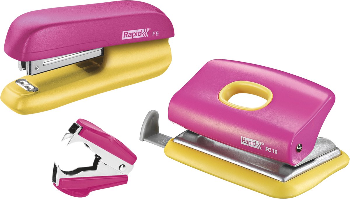 Rapid Hæftemaskine & hulapparat Mini sæt F5+FC10+C2 Blister Pink/gul