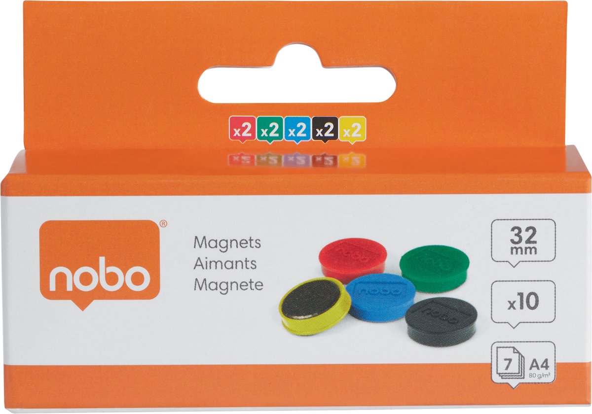 Nobo magnetiske whiteboard-magneter, pakke med 10 stk. 32 mm farvede magneter Assorteret