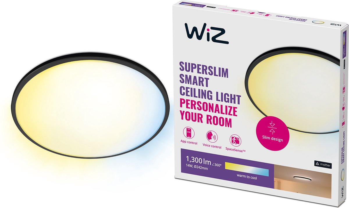 WiZ SuperSlim Smart Loftslampe Sort, 14W, Justerbar hvidt & Dæmpet lys