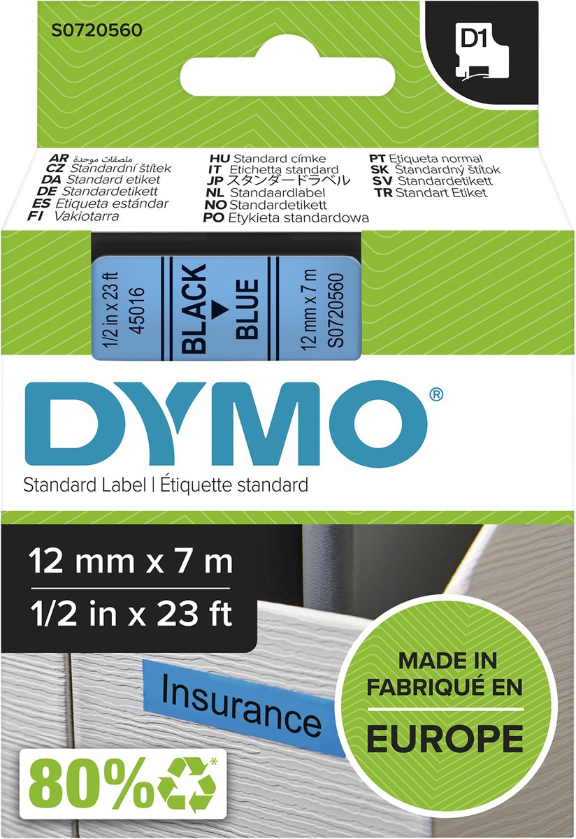 DYMO D1 tape | 12mm x 7m rulle | sort på blå