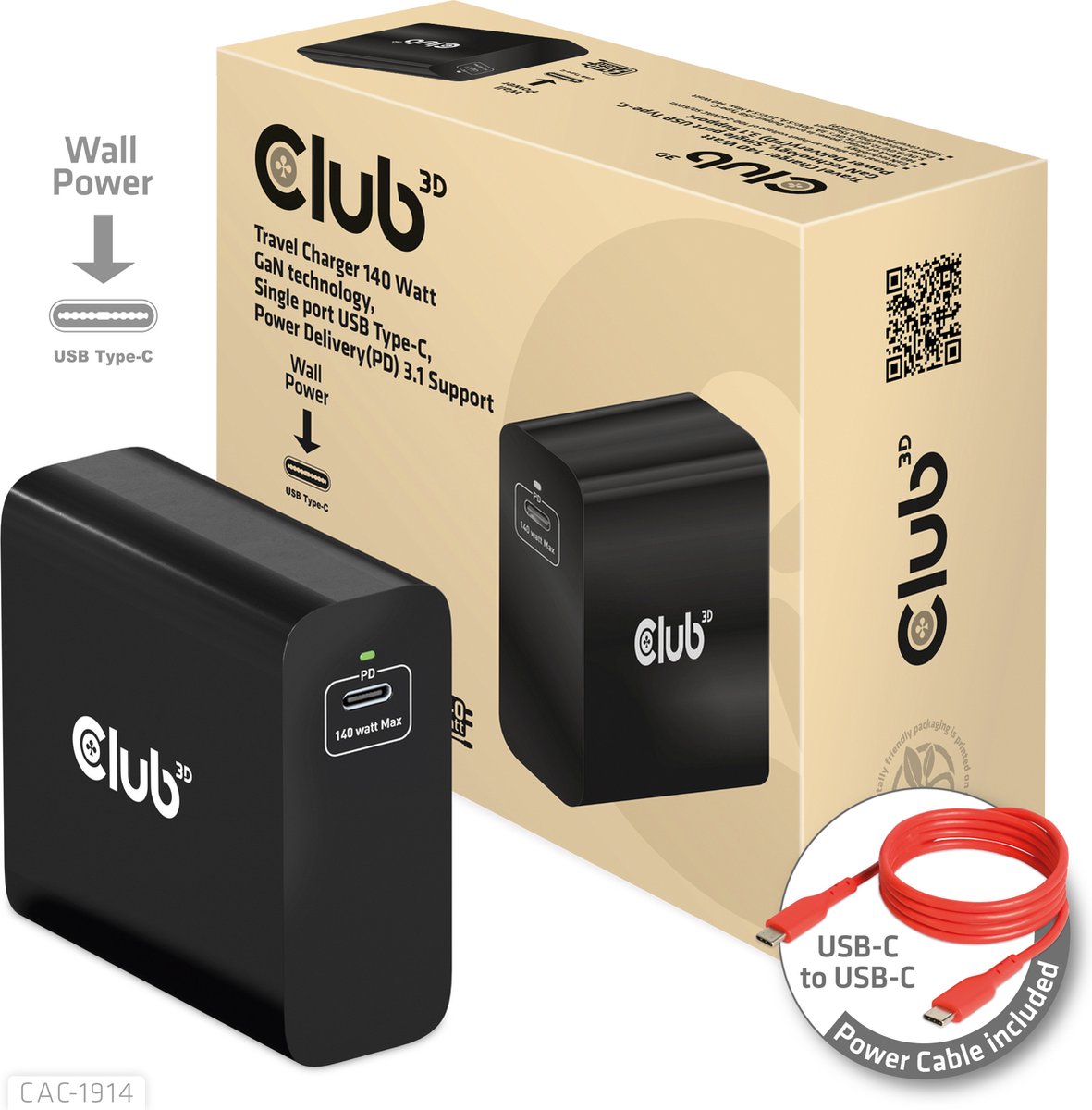 Club 3D power adapter - GaN technology - 24 pin USB-C - 140 Watt