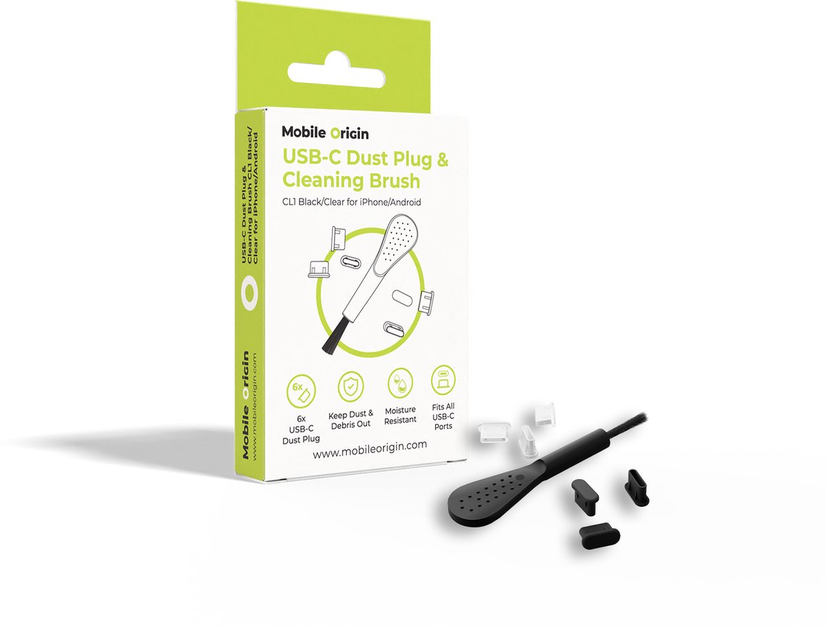 Mobile Origin USB-C Dust Plug & Cleaning Brush CL1 Black/Clear for iPhone/Android