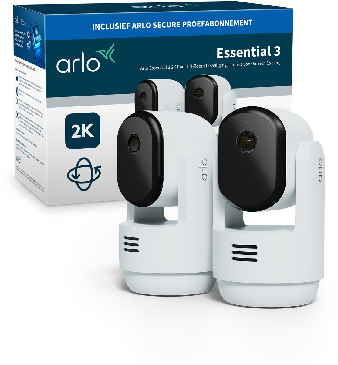 Arlo Essential 3 2K Pan-Tilt-Zoom indendørs kamera (2-kameraer)