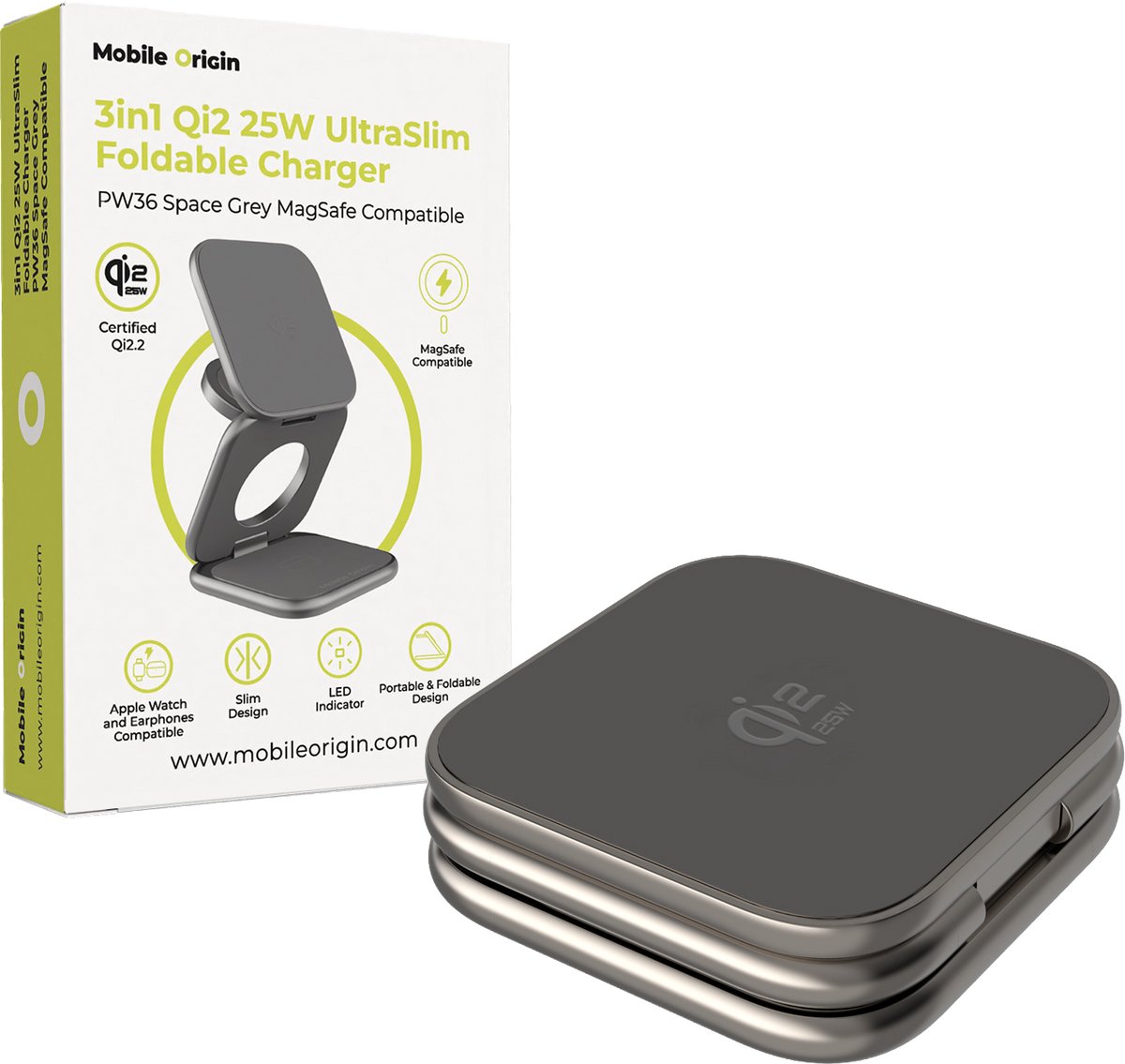 Mobile Origin 3in1 Qi2 25W UltraSlim Foldable Charger PW36 MagSafe Compatible Space Grey
