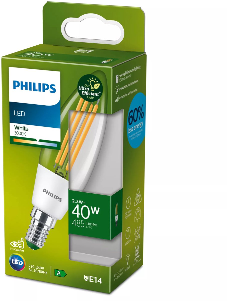 Philips LED pære Kerte 2,3W/830 (40W) Klar E14