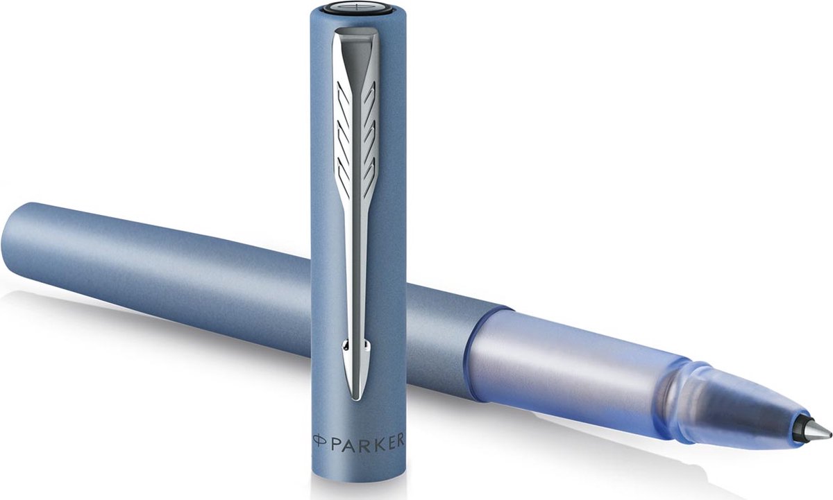 Parker Vector XL Rollerball Pen | Metallisk sølvblå lak på messing | Fin spids med sort blækpåfyldning | Gaveæske