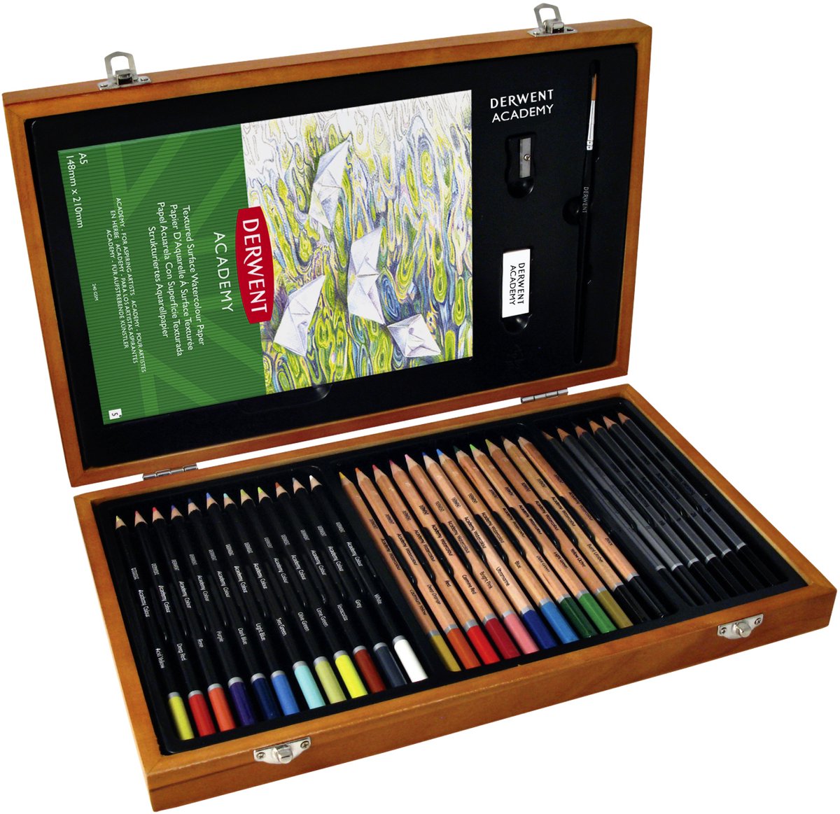 Derwent 2300147 - Set de Regalo en Caja de Madera Derwent Academy, Kit Completo con 30 Lápices de Colores, Pastel y Otros Accesorios, Ideal para Sketching, Colouring y Watercolour