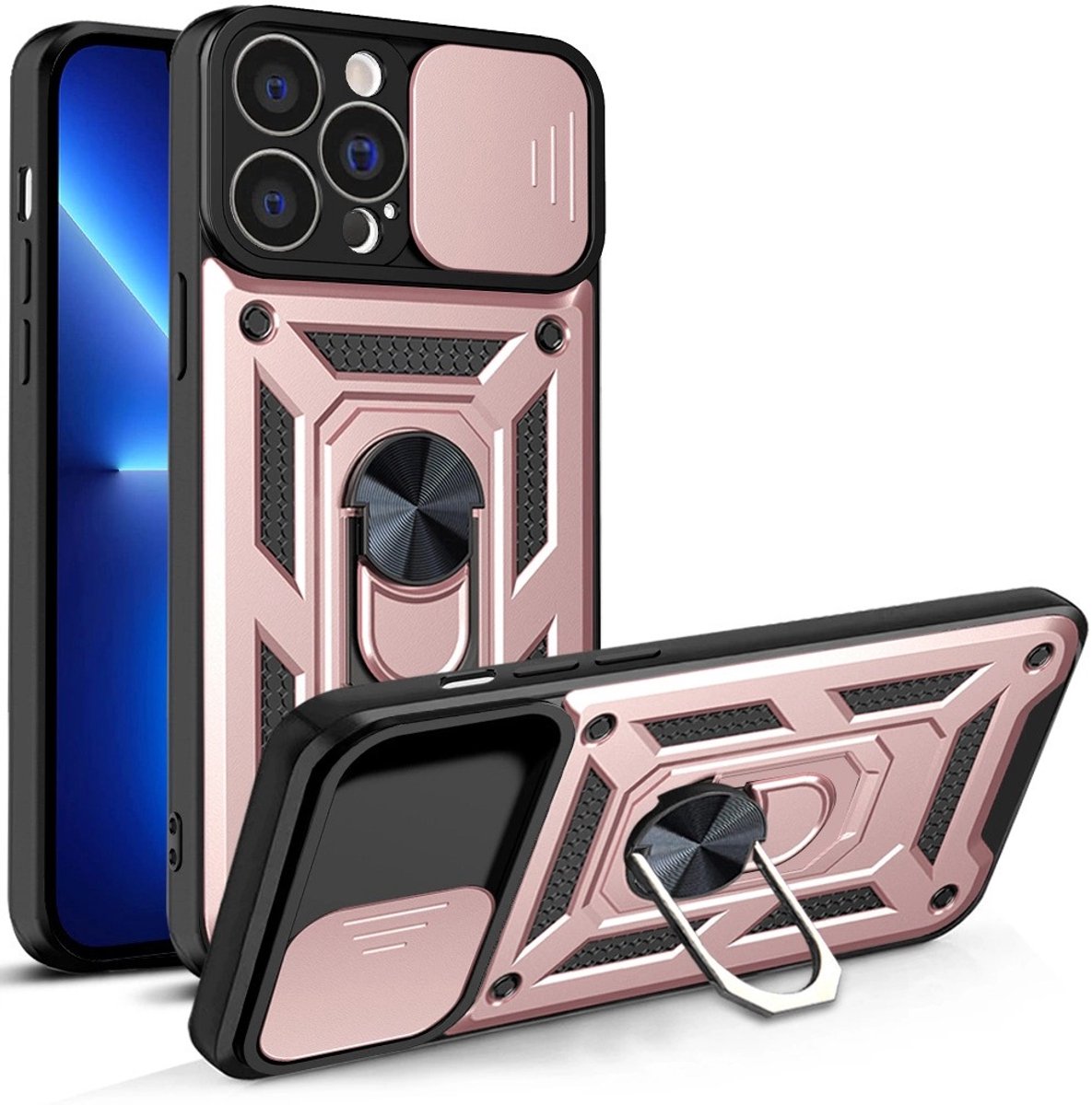 Hurtel Hybrid Armor Camshield Case for iPhone 13 Pro Armored Case with Camera Cover Pink