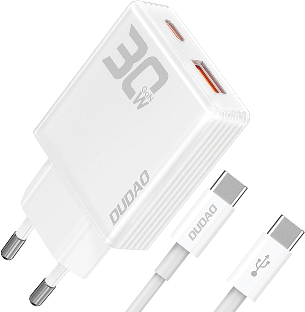 Dudao GaN A30EUT 30W USB-A / USB-C Wall Charger + USB-C - USB-C Cable - White