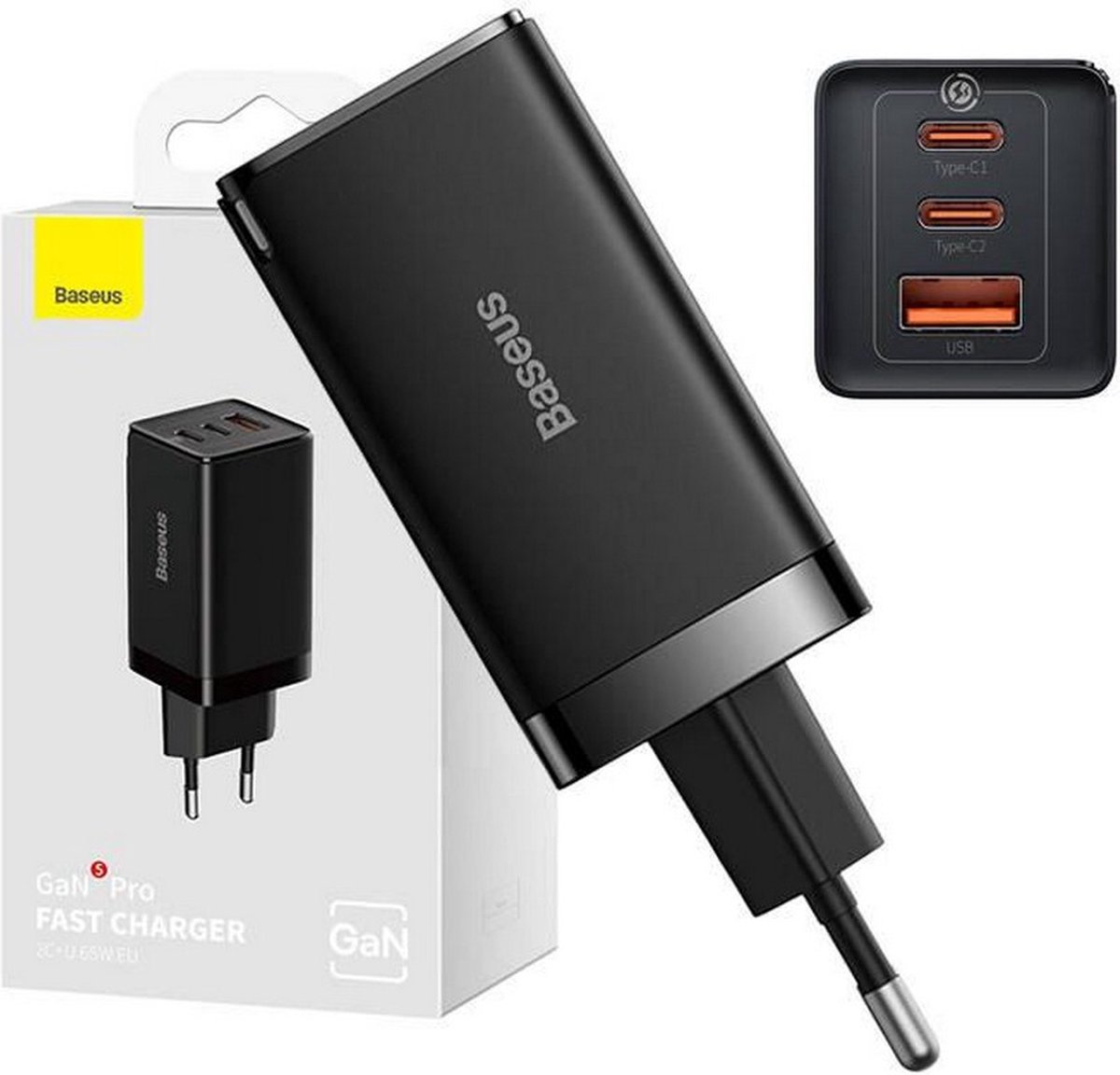 Baseus GaN5 Pro 2xUSB-C + USB 65W (black)