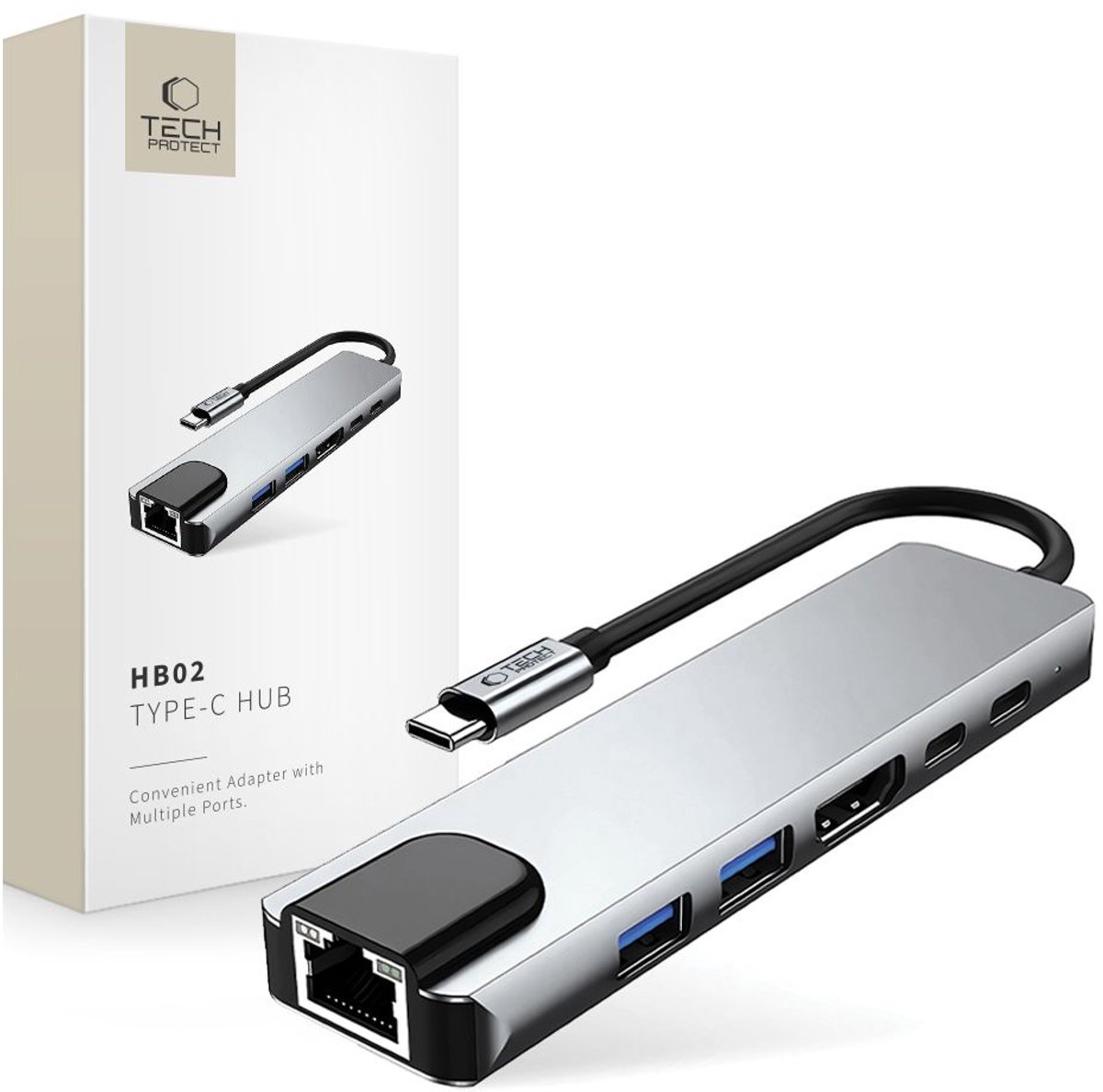 Tech-Protect HB02 HUB Adapter 6in1 USB-C + USB2.0 + USB3.0 + HDMI 4K 30Hz + RJ45 + PD100W - Grey USB hub - USB 3.0 - 6 ports - Grå