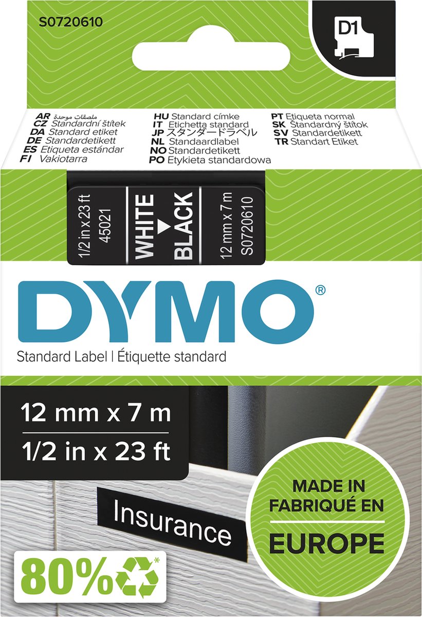 DYMO D1 tape | 12mm x 7m rulle | hvid på sort