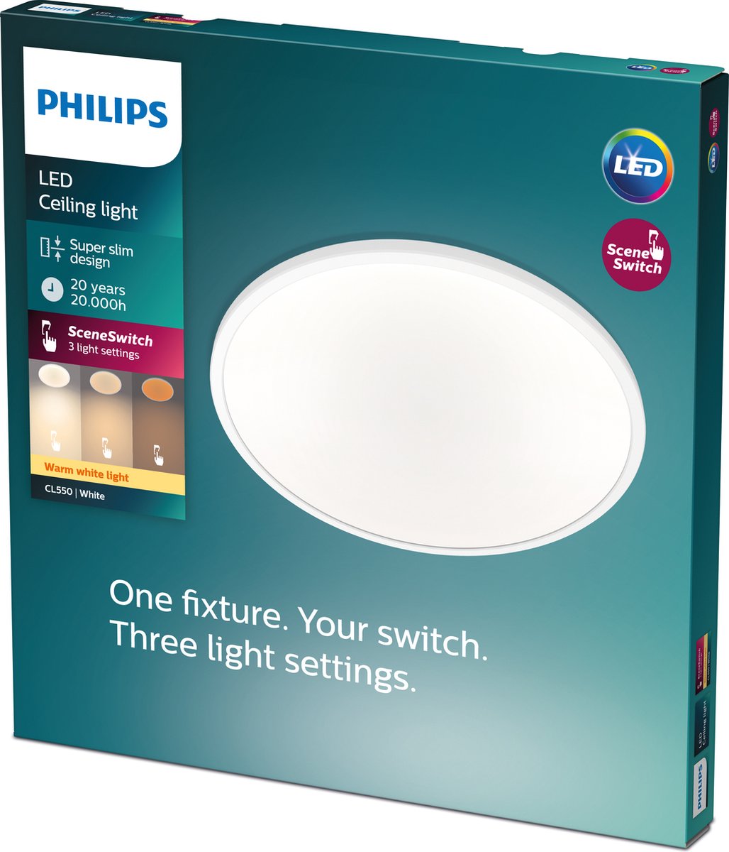 Philips Superslim CL550 loftlampe Ø300 mm LED 18W 2700K SceneSwitch IP20, hvid
