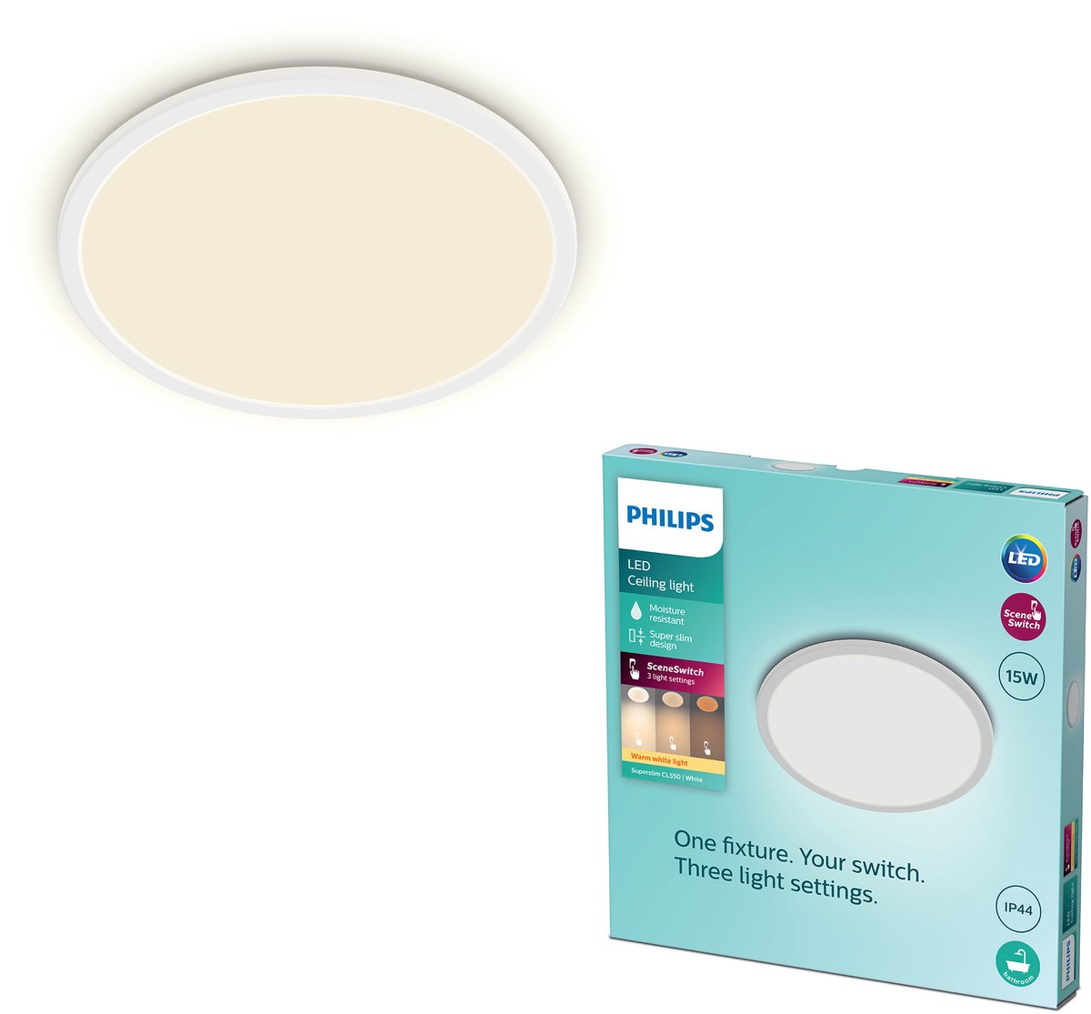 Philips Superslim CL550 loftlampe Ø250 mm LED 15W 2700K SceneSwitch IP44, hvid
