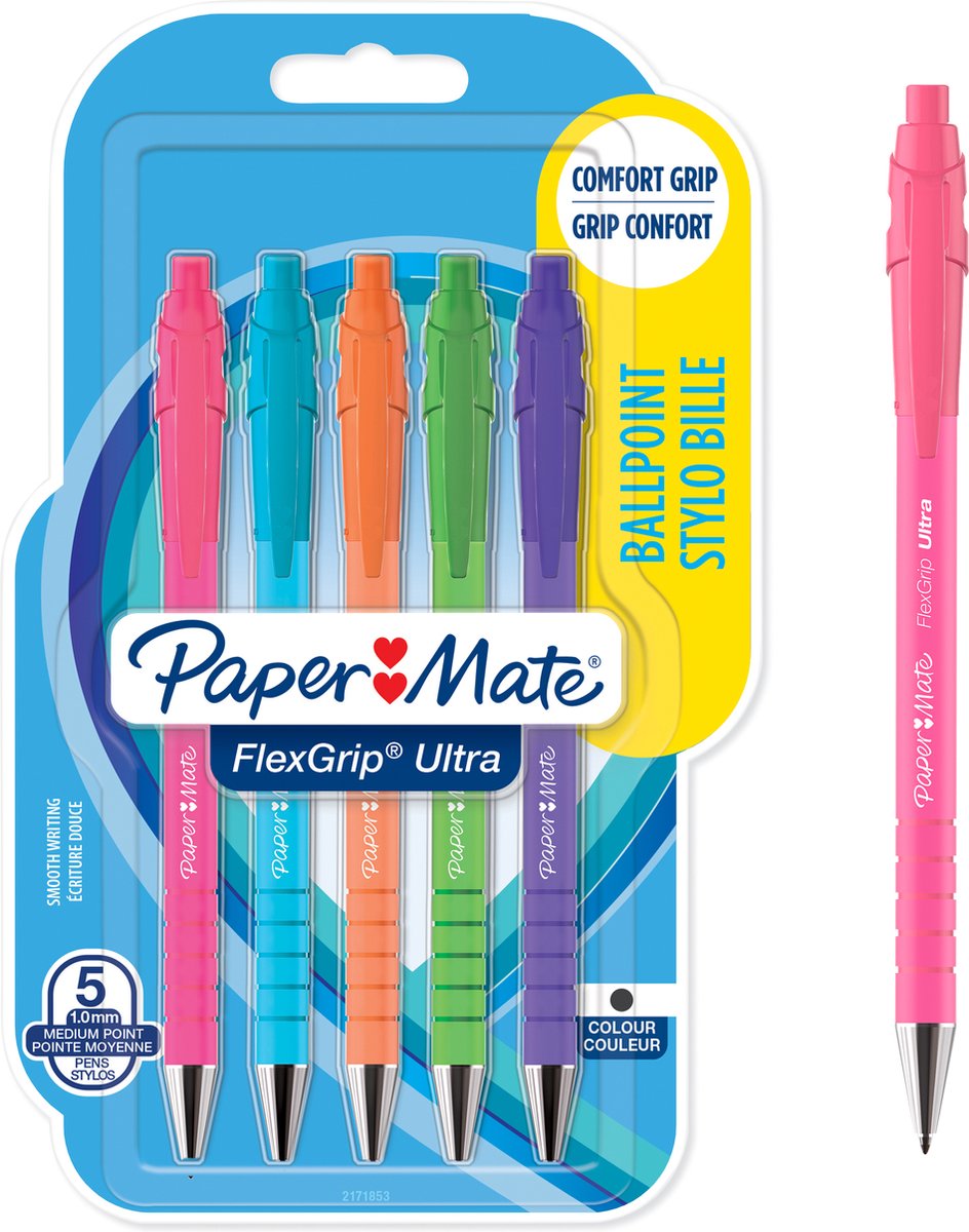 Paper Mate FlexGrip Ultra Bright kuglepenne | Mellempunkt (1,0 mm) | Sort blæk | Lyse tønder | 5 Stk