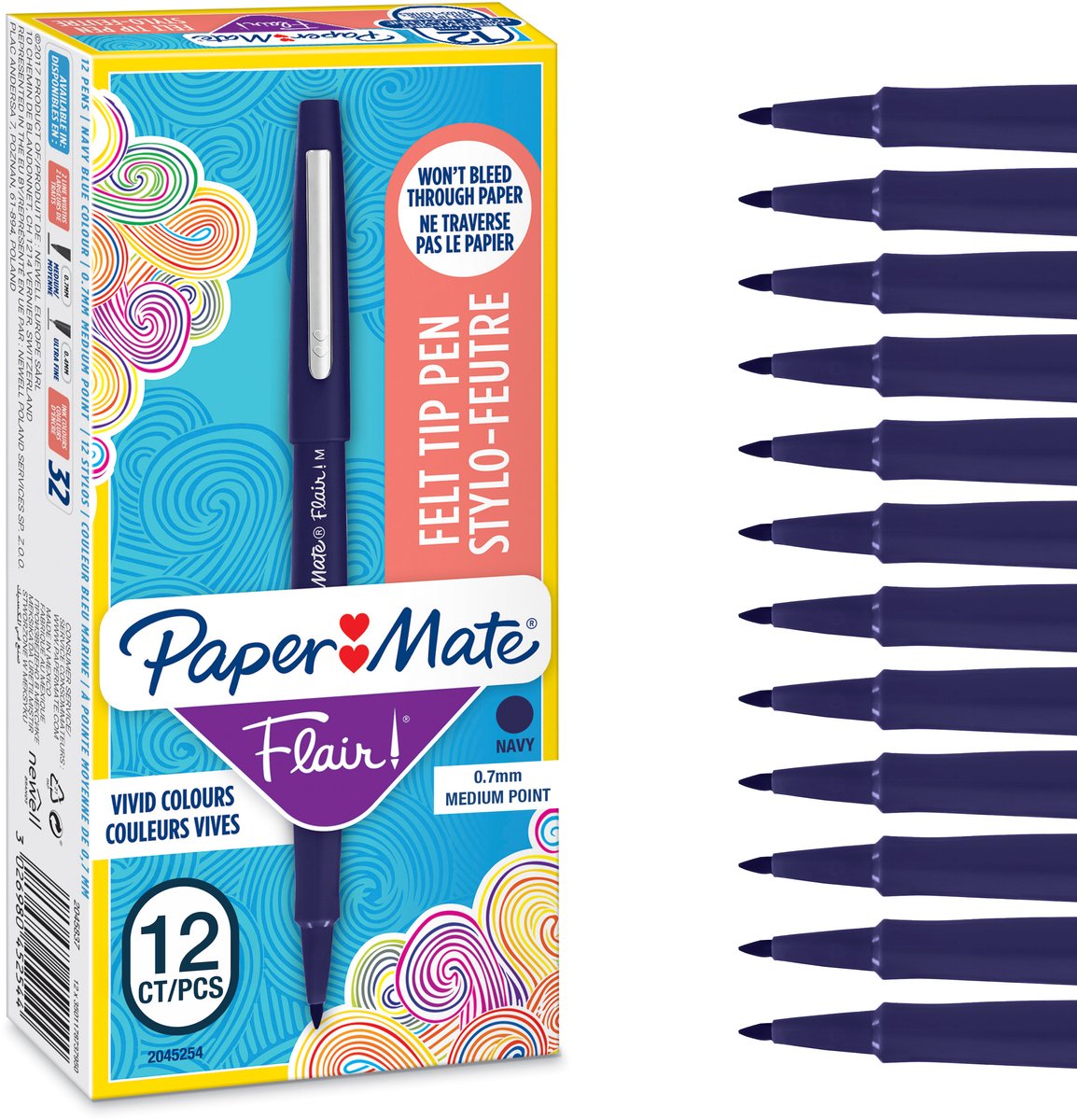 Paper Mate Flair Filtpenne | Mellempunkt (0,7 mm) | Navyblå | 12 Stk