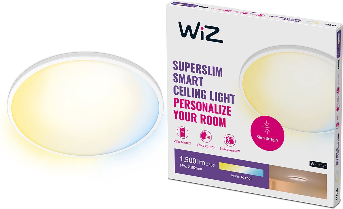WiZ SuperSlim Smart Loftslampe Hvid, 16W, Justerbar hvidt & Dæmpet lys