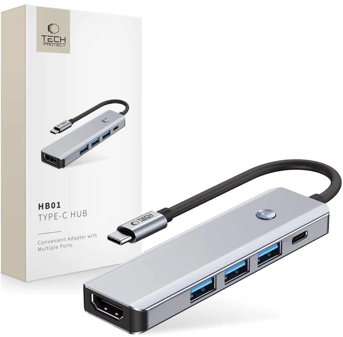 Tech-Protect HB01 HUB Adapter 5in1 USB-C + USB3.0 + HDMI 4K 60Hz + PD100W - Grey USB hub - USB 3.0 - 5 ports - Grå