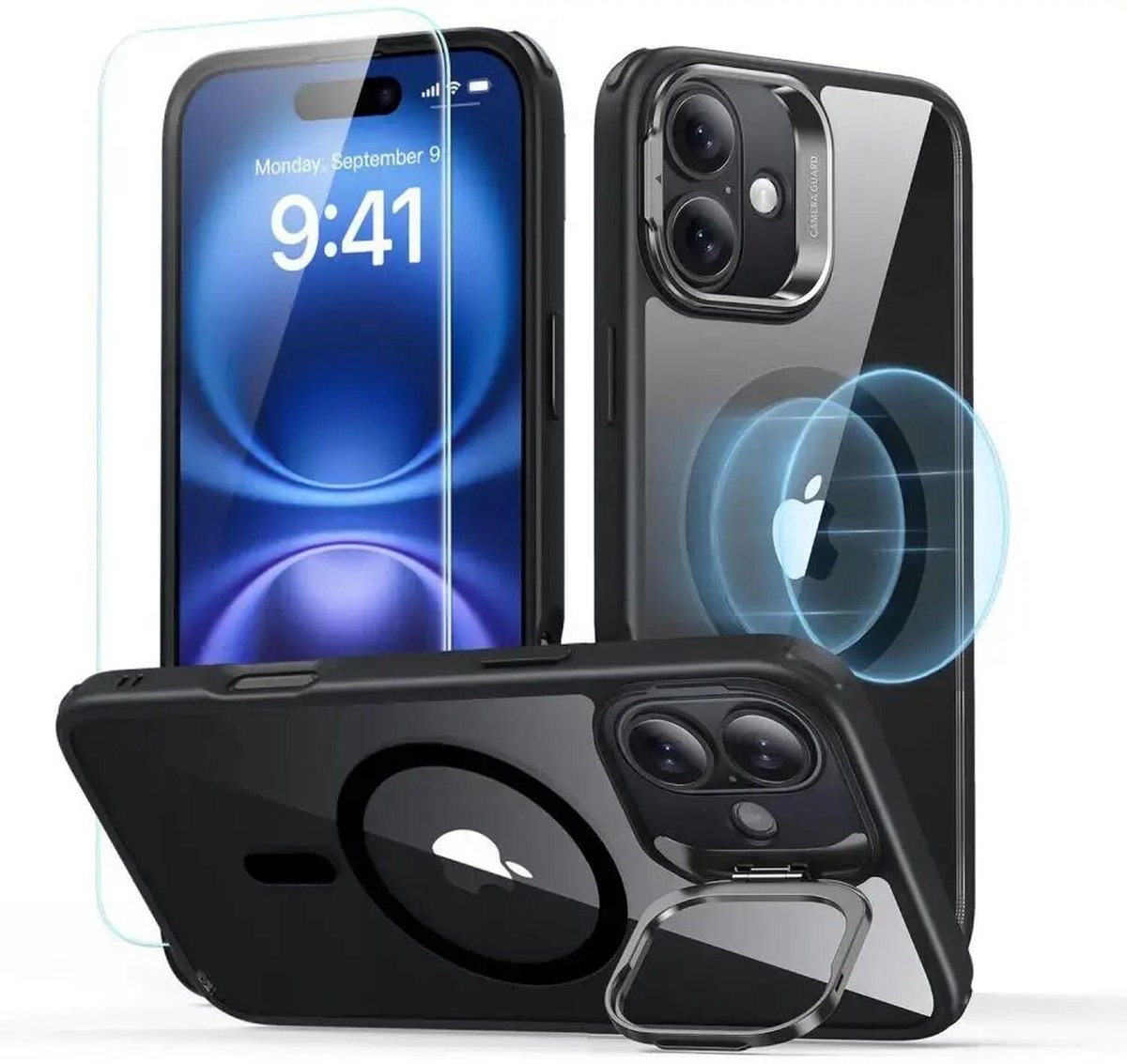 ESR Classic Hybrid Kickstand Halolock MagSafe Case Set + Tempered Glass for iPhone 16 - Black